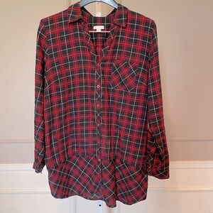 J. Jill buffalo Medium plaid button down black red blouse shirt top tunic length